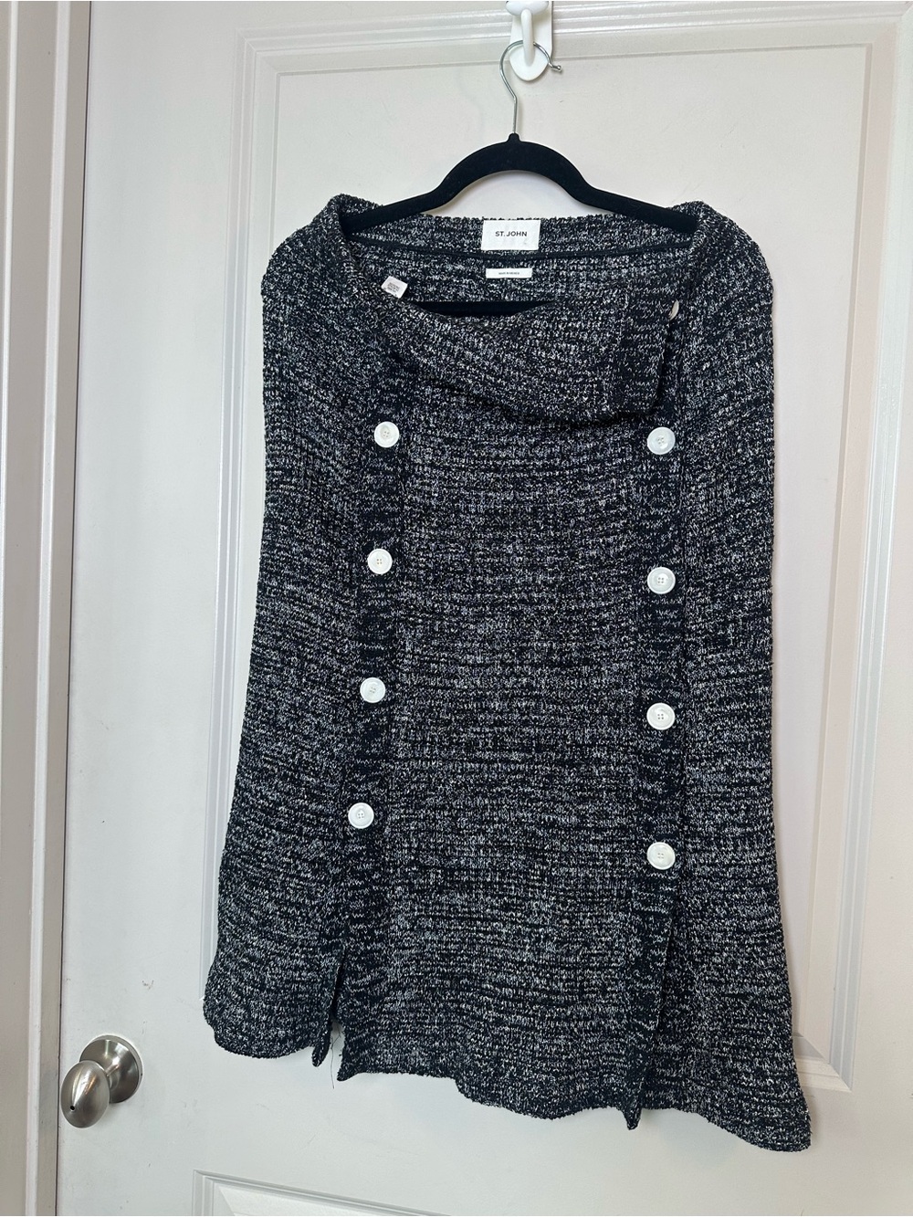 St. John RARE Cotton/ Wool Blend Boucle Black/ Marled Ribbed Knit Sweater Poncho